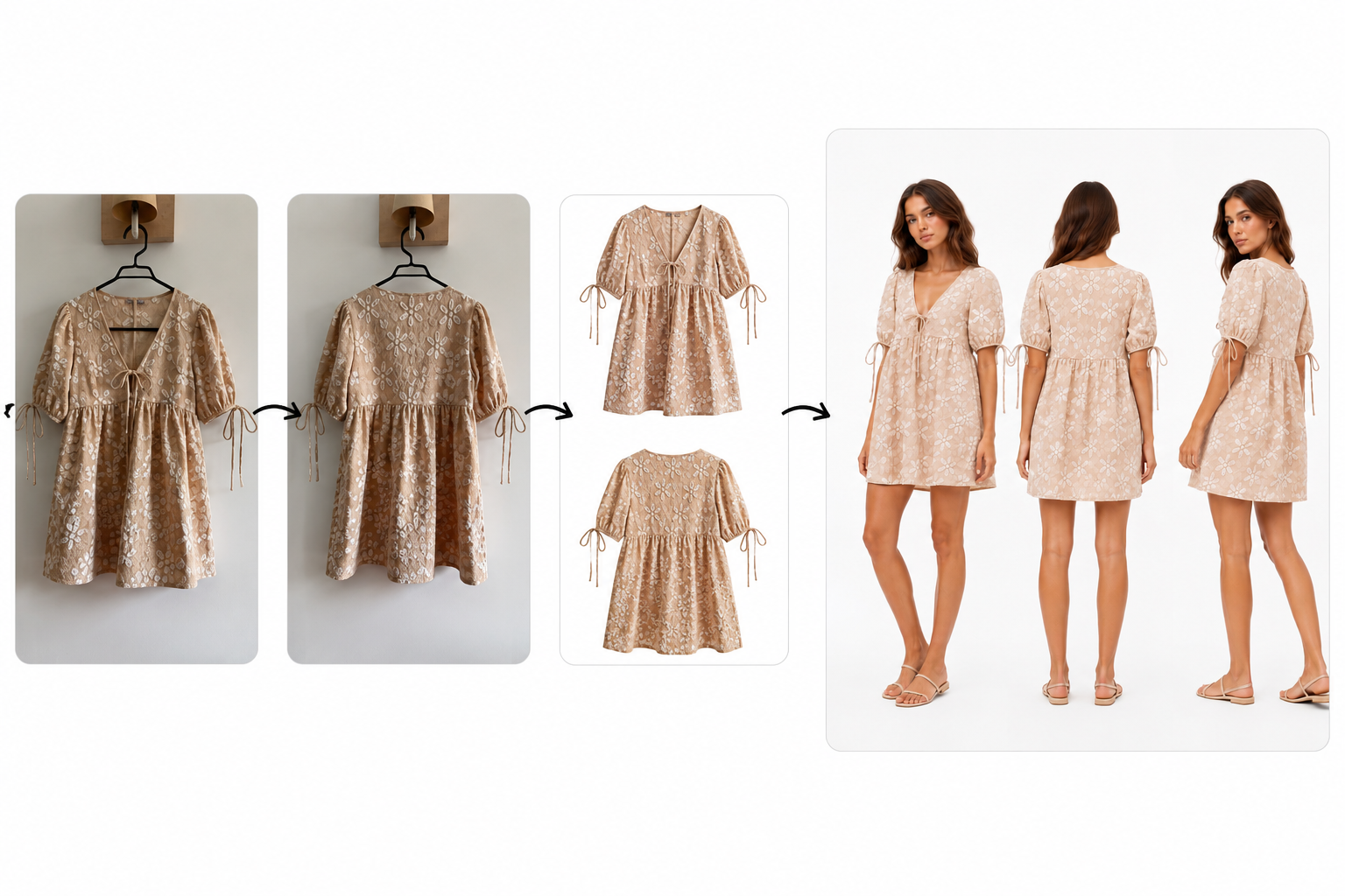 Workflow IA — d'une simple robe à des visuels e-commerce professionnels
