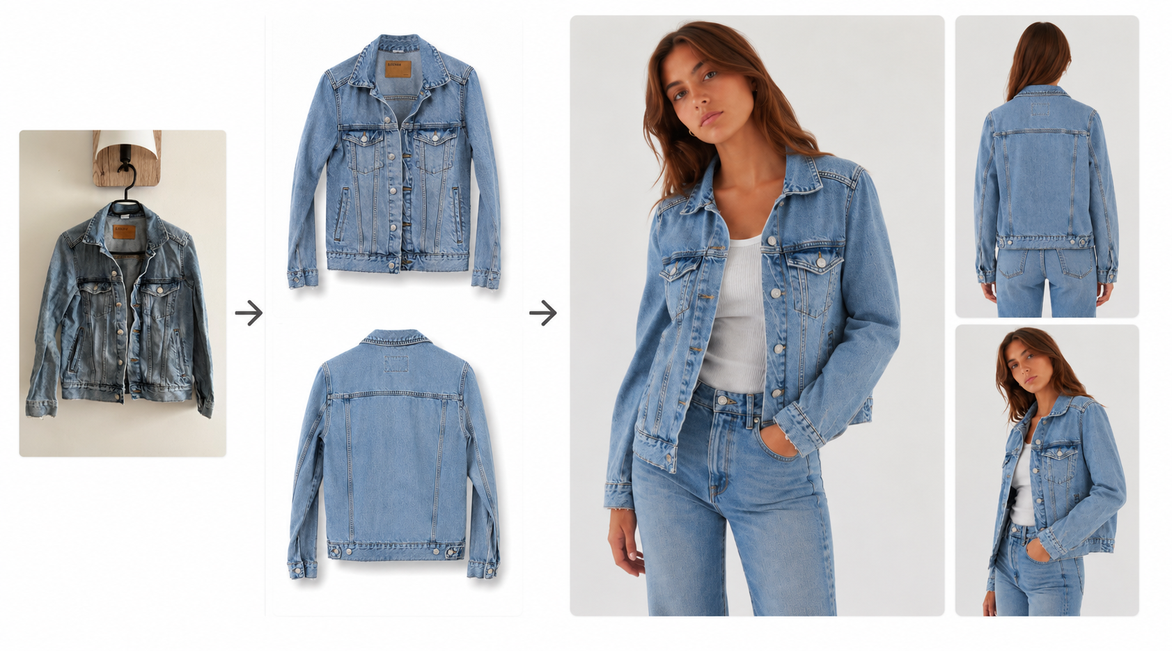 Workflow IA — d'une veste en jean à des visuels e-commerce professionnels