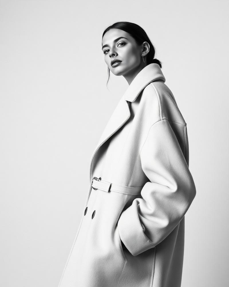 Manteau minimaliste porté par un mannequin IA